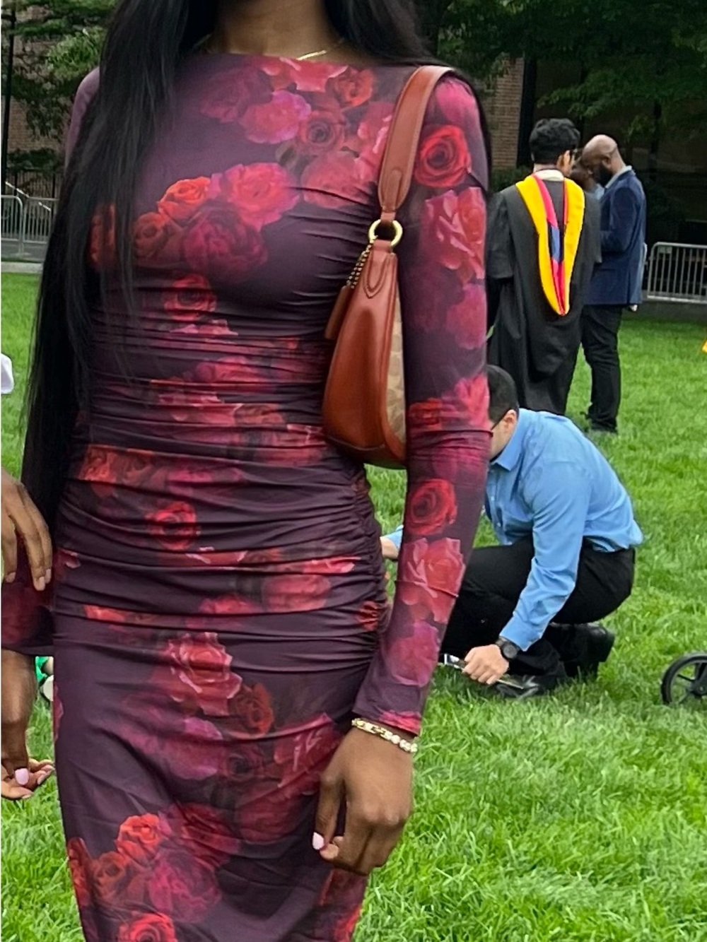 House of CB Burgundy & Red Long Sleeve Floral Bodycon Dress